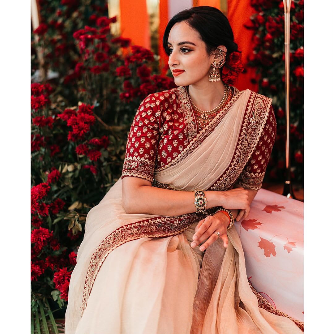 Cream Twill Banarasi Crush Saree - Sarees - front view | Nardev Fashions