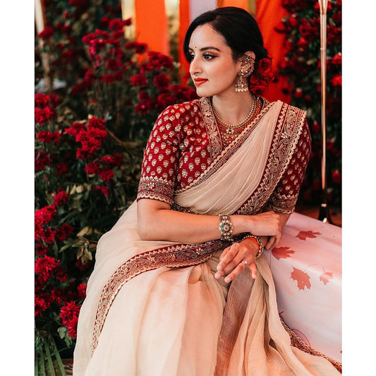 Cream Twill Banarasi Crush Saree - Sarees - front view | Nardev Fashions