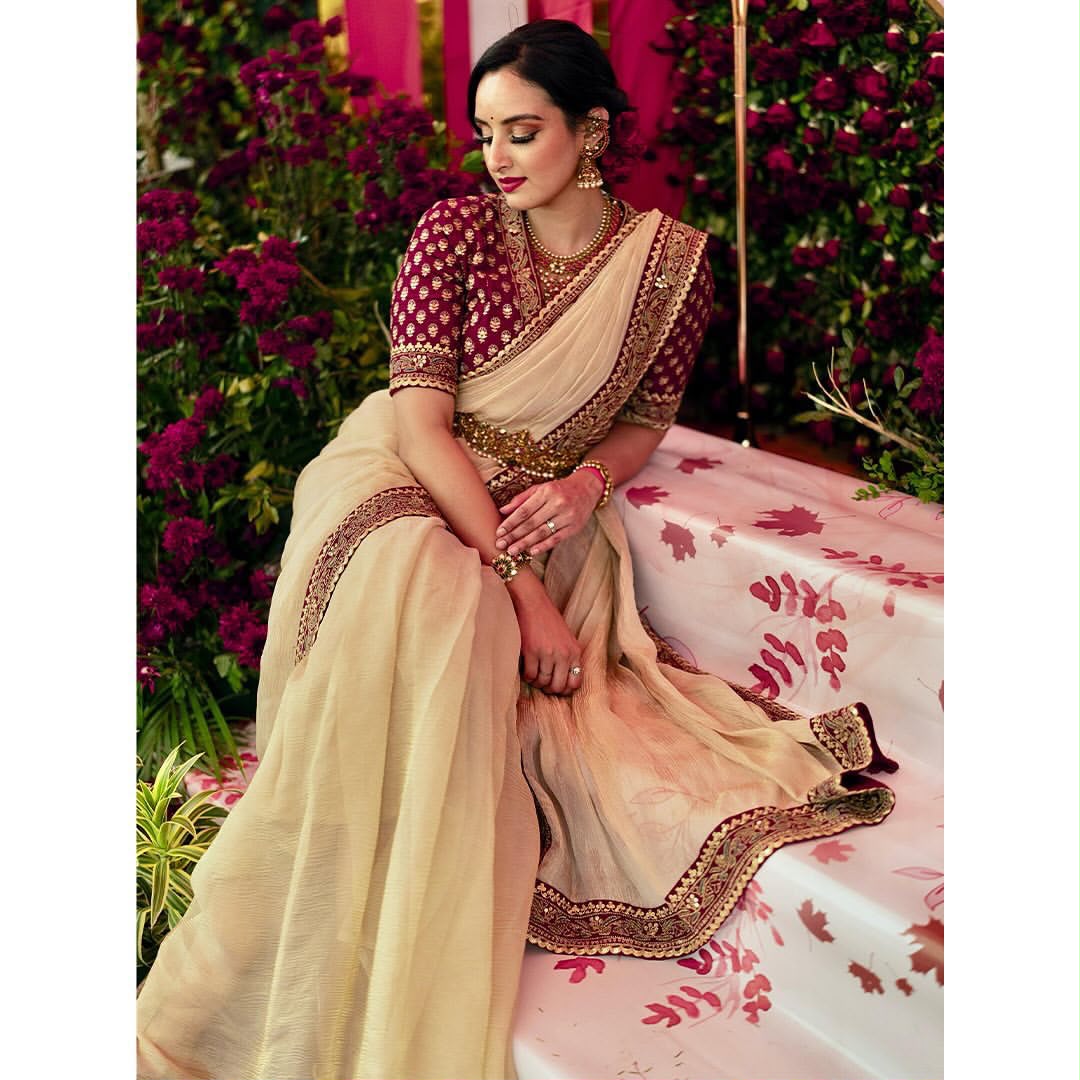 Cream Twill Banarasi Crush Saree - Sarees - close-up detail view | Nardev Fashions