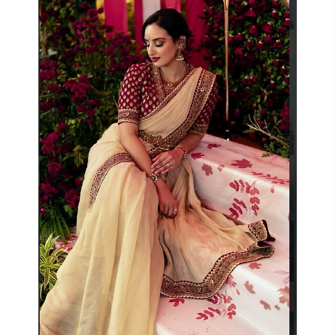Cream Twill Banarasi Crush Saree - Sarees - back view | Nardev Fashions