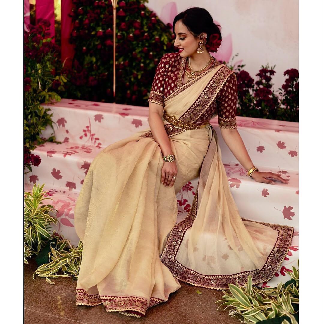 Cream Twill Banarasi Crush Saree - Sarees - side view | Nardev Fashions
