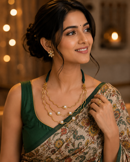 Women's Gold Plated Green Stone & Pearl Necklace for Women - front view | D9 Creations