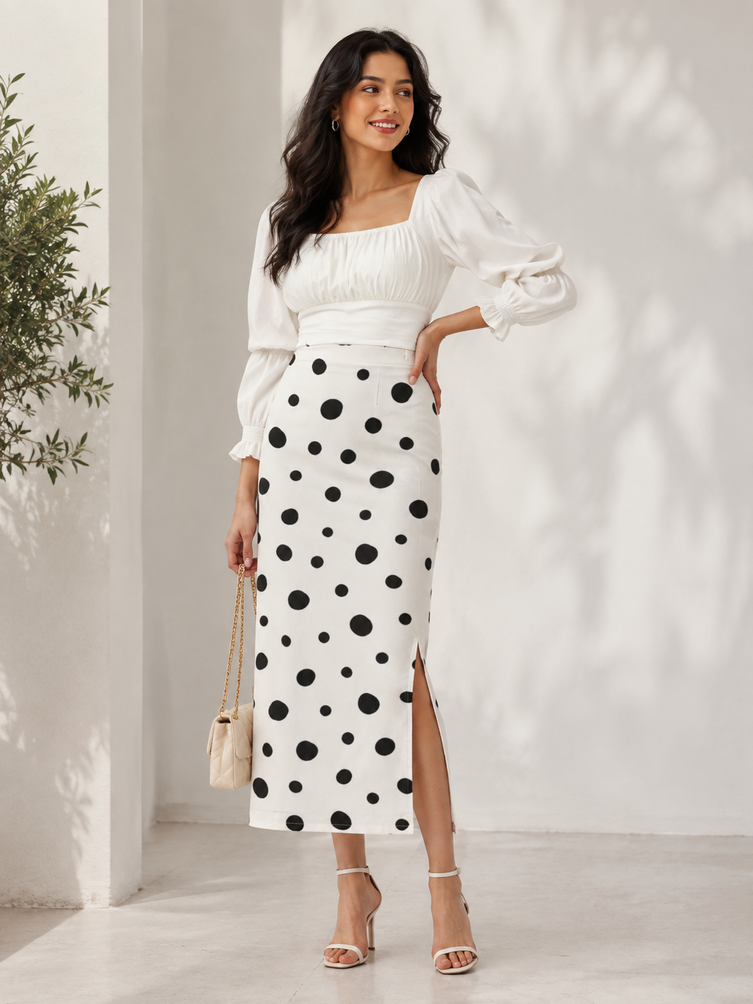 Black & White Polka Dot Long Skirt for Women - Western Wear - front view | Qikink
