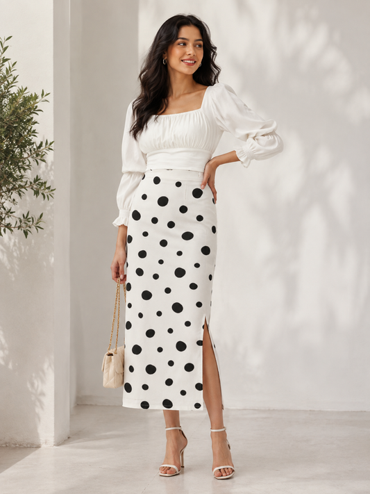 Black & White Polka Dot Long Skirt for Women - Western Wear - front view | Qikink