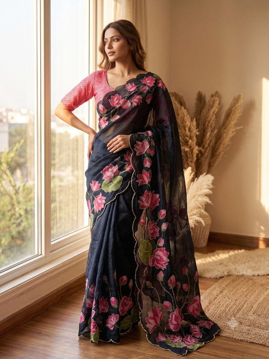 Midnight Navy Blue Lotus Floral Print Tabby Silk Saree - Sarees - front view | Nardev Fashions
