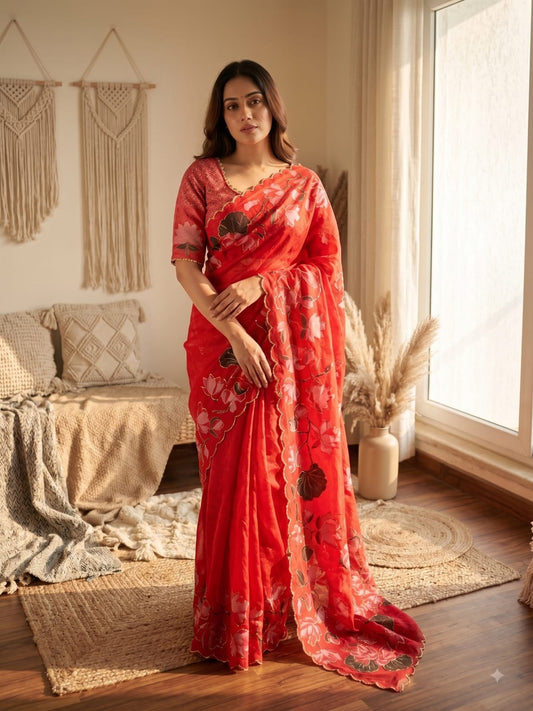 Tomato Red Lotus Floral Print Tabby Silk Saree - Sarees - front view | Nardev Fashions