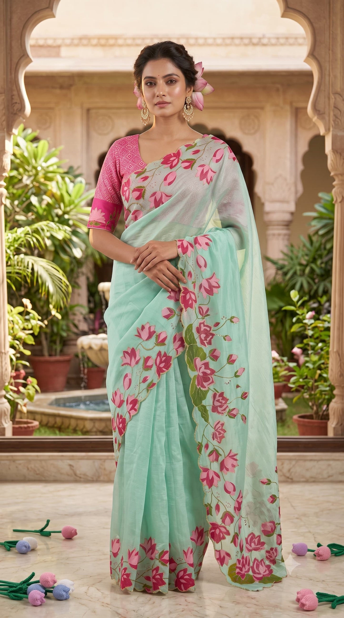 Mint Aqua Blue Lotus Floral Print Tabby Silk Saree - Sarees - front view | Nardev Fashions