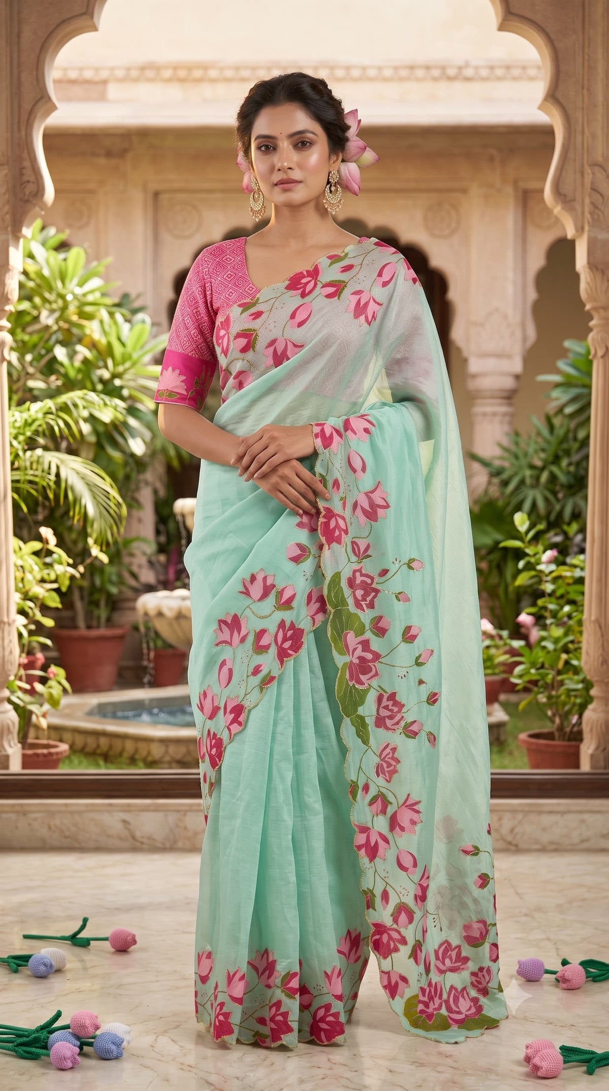 Mint Aqua Blue Lotus Floral Print Tabby Silk Saree - Sarees - front view | Nardev Fashions