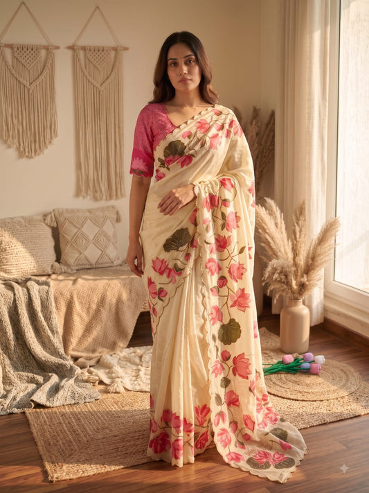 Cream Off-White Lotus Floral Print Tabby Silk Saree - Sarees - front view | Nardev Fashions