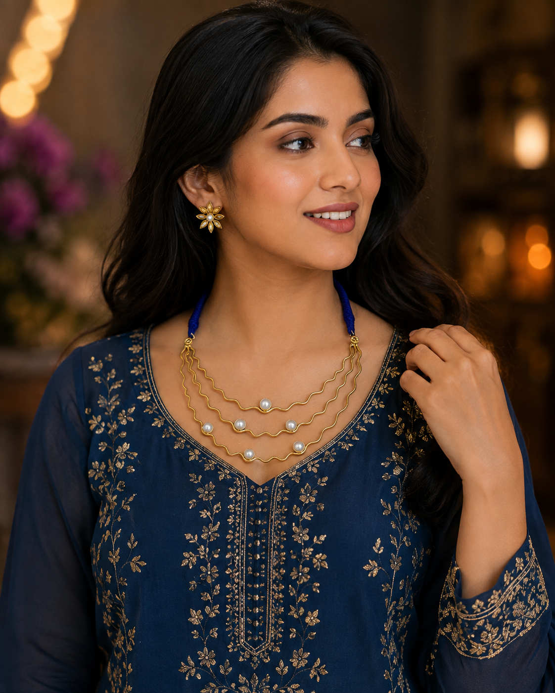 Women's Gold Plated Royal Blue Stone & Pearl Necklace for Women - front view | D9 Creations