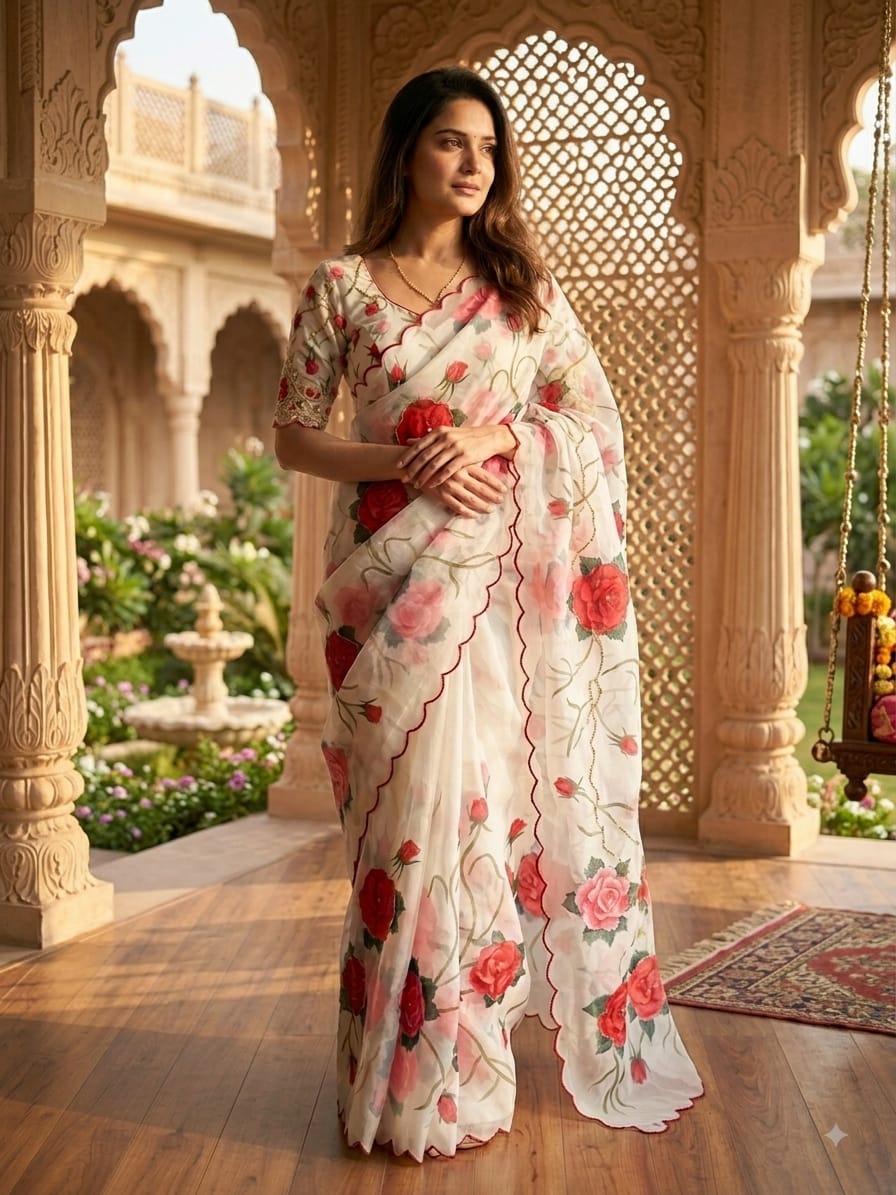 White Ivory Rose Floral Print Tabby Silk Saree - Sarees - front view | Nardev Fashions