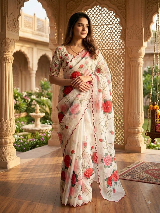 White Ivory Rose Floral Print Tabby Silk Saree - Sarees - front view | Nardev Fashions