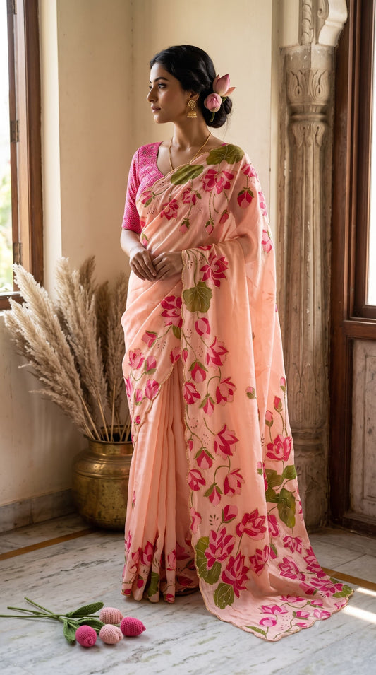 Peach Blush Lotus Floral Print Tabby Silk Saree - Sarees - front view | Nardev Fashions