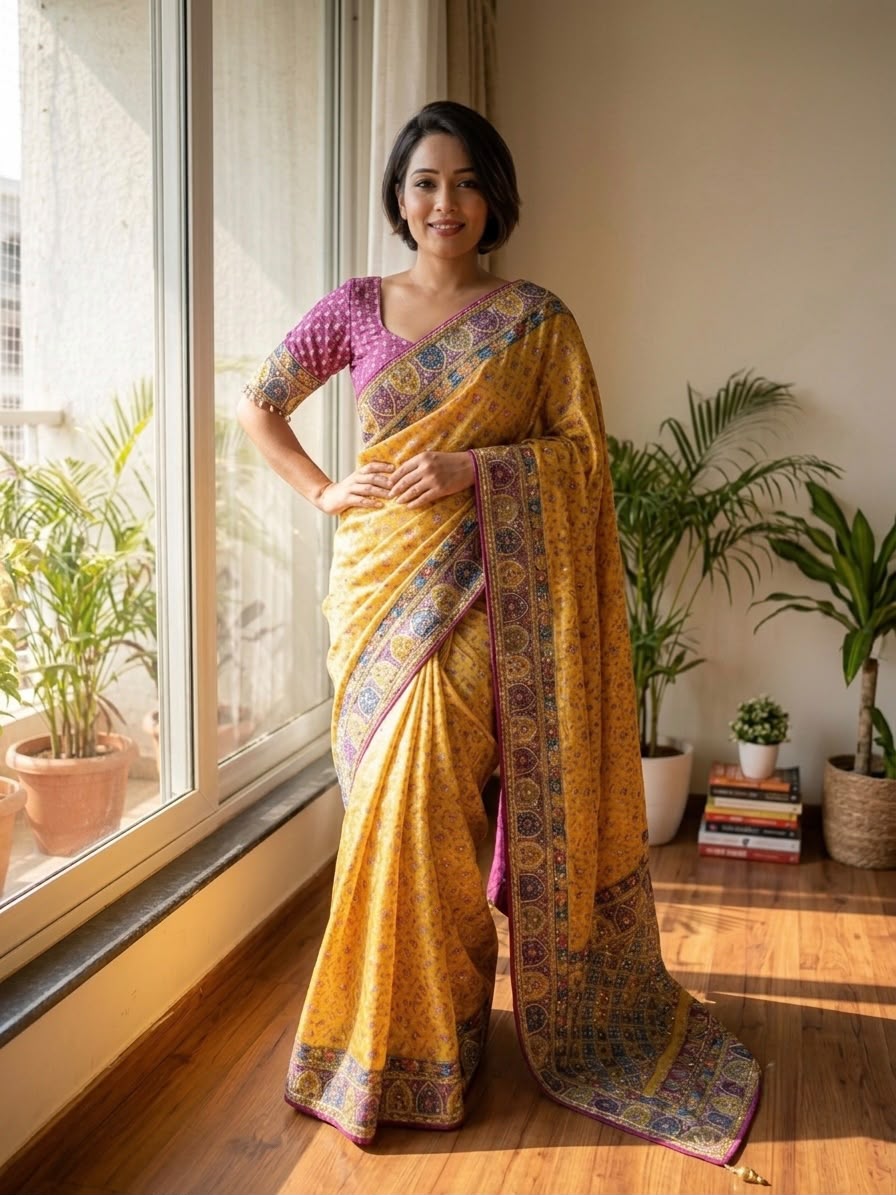 Sunshine Yellow Chinnon Saree - Sarees - front view | Nardev Fashions