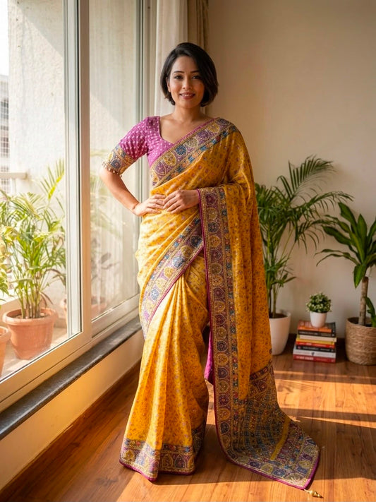 Sunshine Yellow Chinnon Saree - Sarees - front view | Nardev Fashions