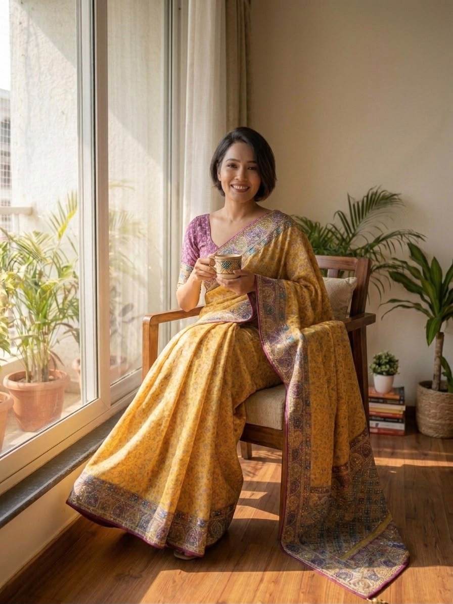 Sunshine Yellow Chinnon Saree - Sarees - close-up detail view | Nardev Fashions