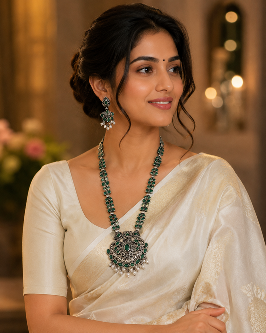 Women's Oxidized Green Stone Necklace Set for Women - front view | D9 Creations
