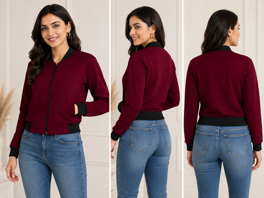 Burgundy Flight Bomber Jacket for Women - Western Wear - close-up detail view | Qikink