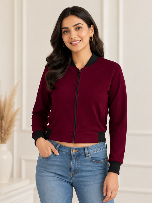 Burgundy Flight Bomber Jacket for Women - Western Wear - front view | Qikink