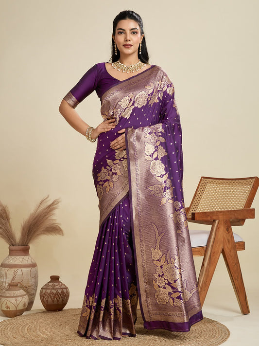 Deep Violet Kanjivaram Silk Saree - Sarees - front view | Nardev Fashions