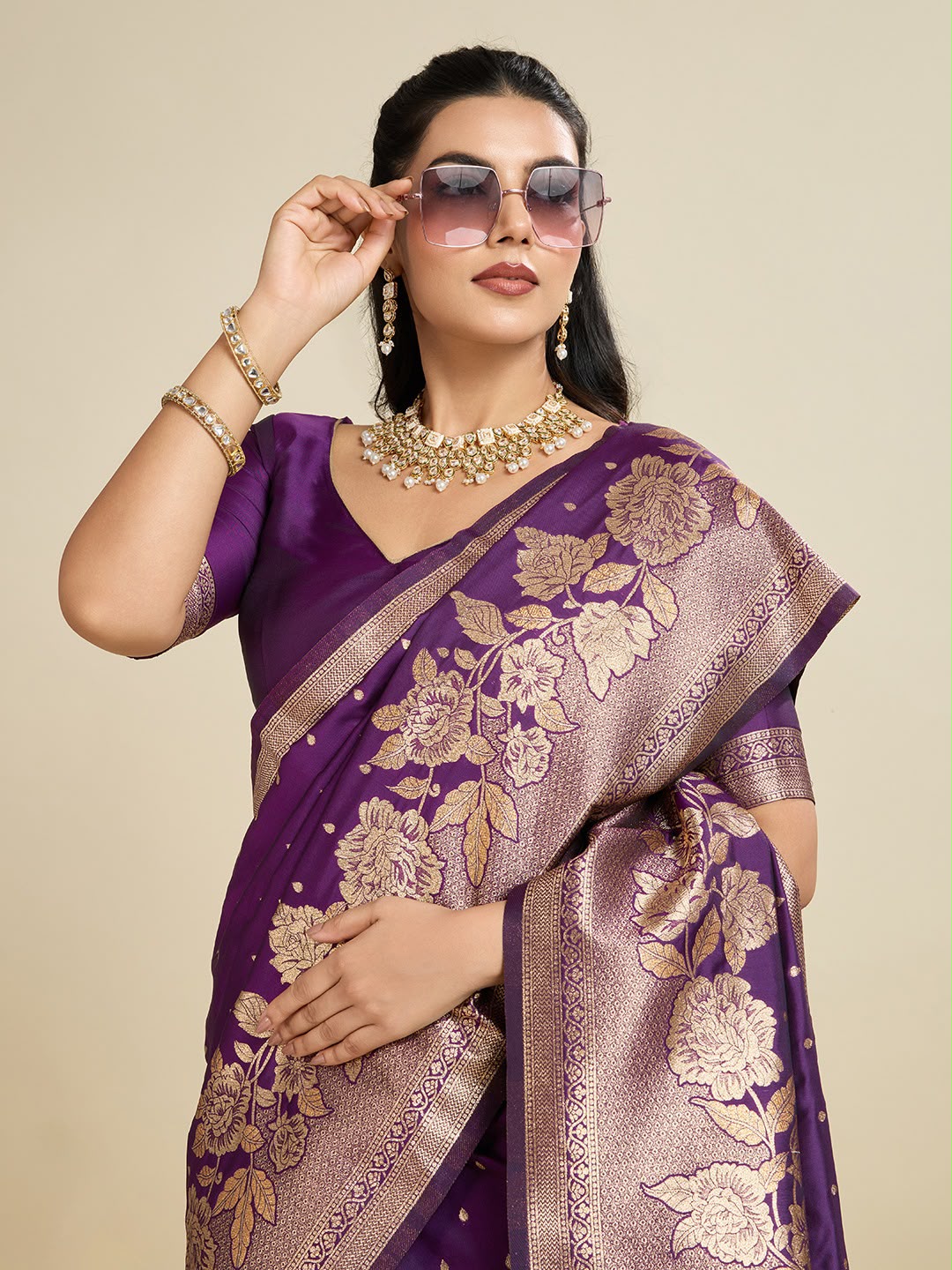 Deep Violet Kanjivaram Silk Saree - Sarees - back view | Nardev Fashions