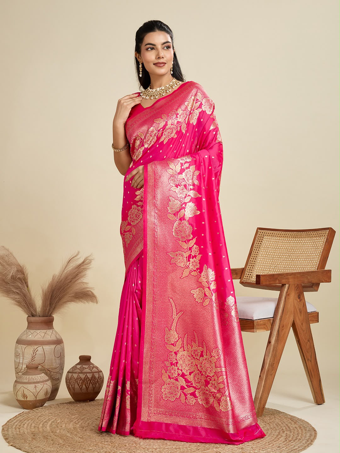 Hot Pink Kanjivaram Silk Saree - Sarees - front view | Nardev Fashions