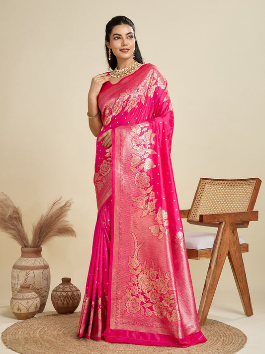 Hot Pink Kanjivaram Silk Saree - Sarees - front view | Nardev Fashions