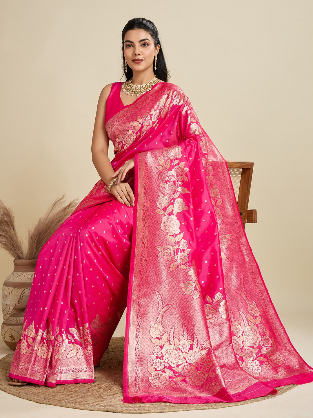 Hot Pink Kanjivaram Silk Saree - Sarees - back view | Nardev Fashions