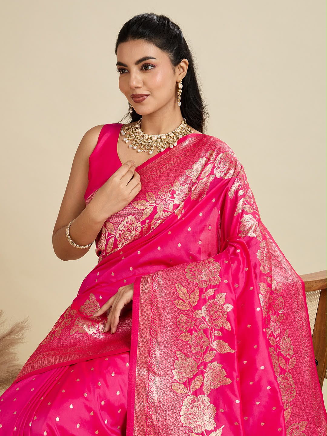 Hot Pink Kanjivaram Silk Saree - Sarees - styled full look | Nardev Fashions