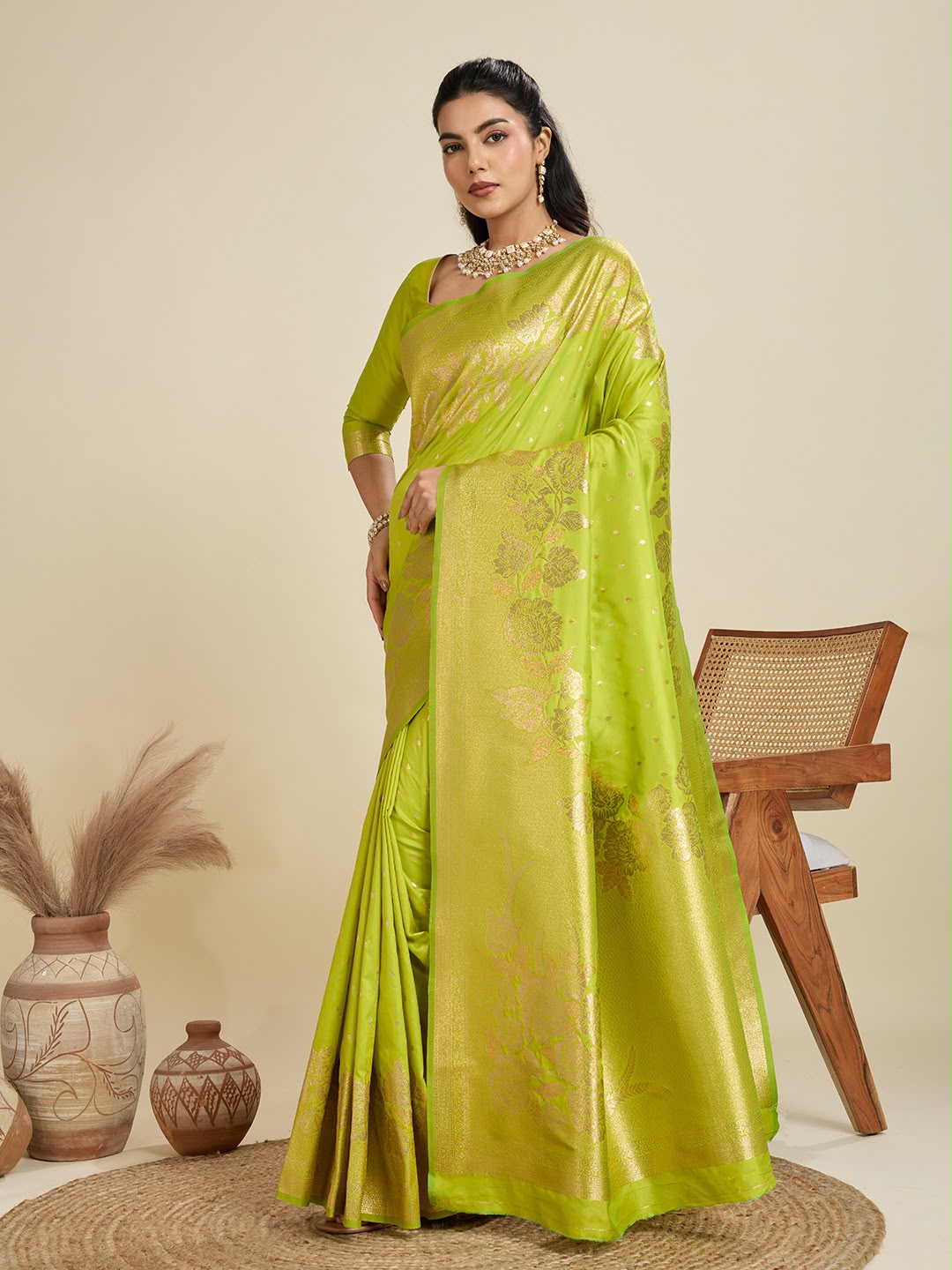 Lime Green Kanjivaram Silk Saree - Sarees - front view | Nardev Fashions