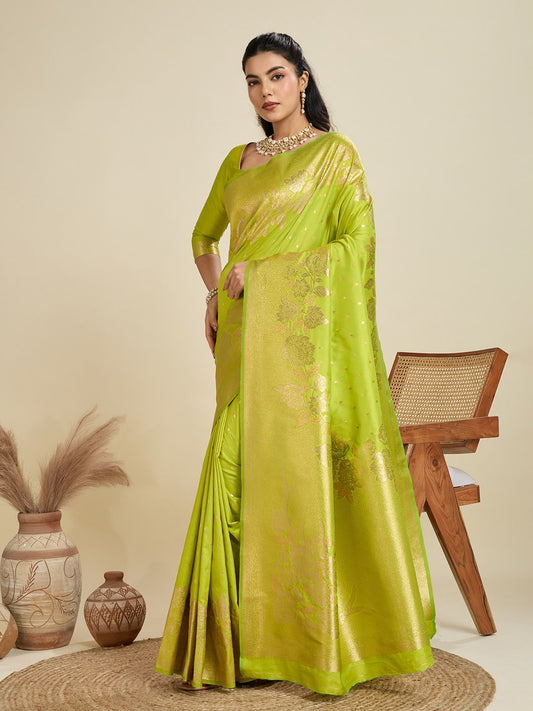 Lime Green Kanjivaram Silk Saree - Sarees - front view | Nardev Fashions