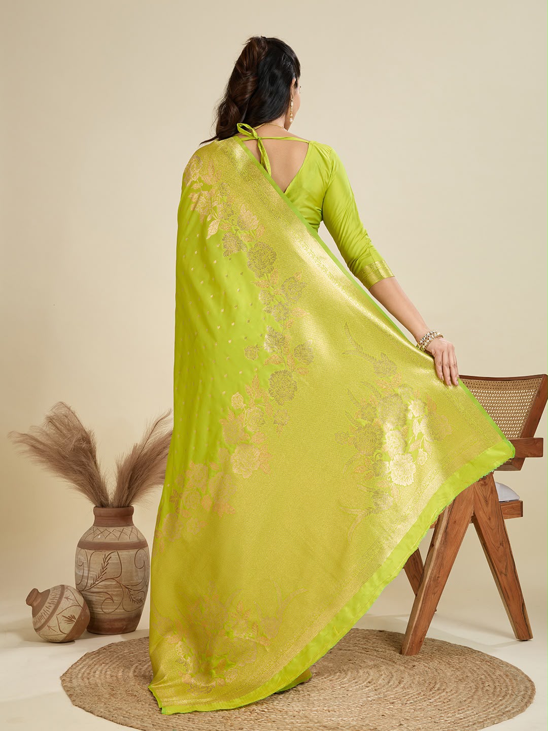 Lime Green Kanjivaram Silk Saree - Sarees - close-up detail view | Nardev Fashions