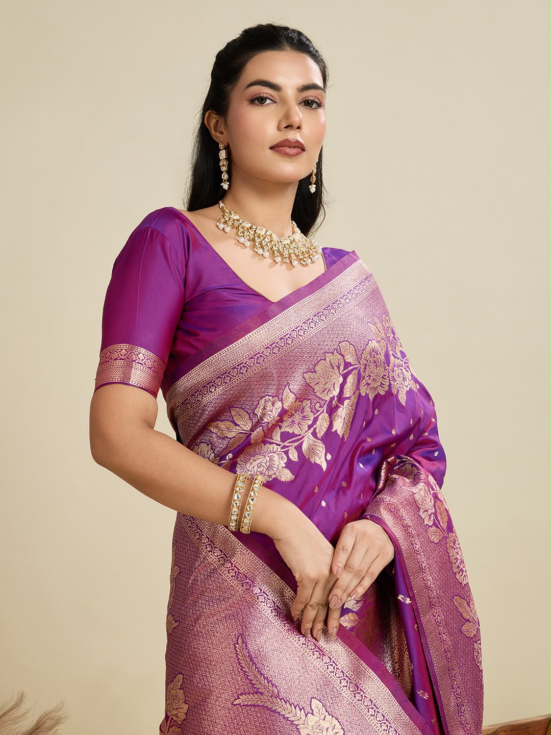 Royal Purple Two-Tone Kanjivaram Silk Saree - Sarees - close-up detail view | Nardev Fashions