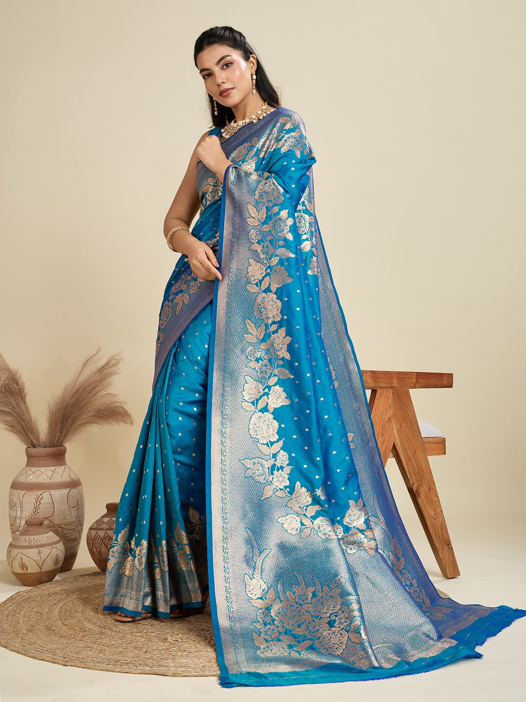 Peacock Teal Kanjivaram Silk Saree - Sarees - front view | Nardev Fashions