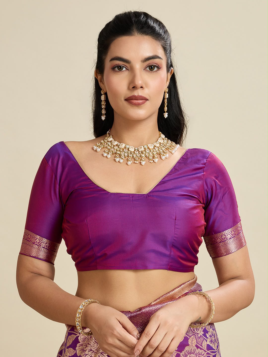 Royal Purple Two-Tone Kanjivaram Silk Saree - Sarees - back view | Nardev Fashions