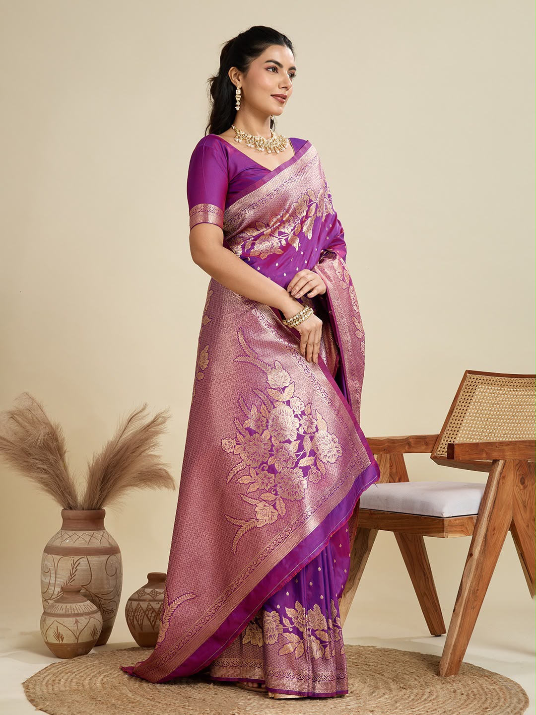 Royal Purple Two-Tone Kanjivaram Silk Saree - Sarees - styled full look | Nardev Fashions