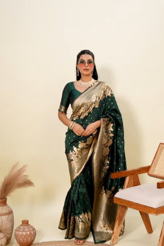 Bottle Green Kanjivaram Silk Saree - Sarees - front view | Nardev Fashions