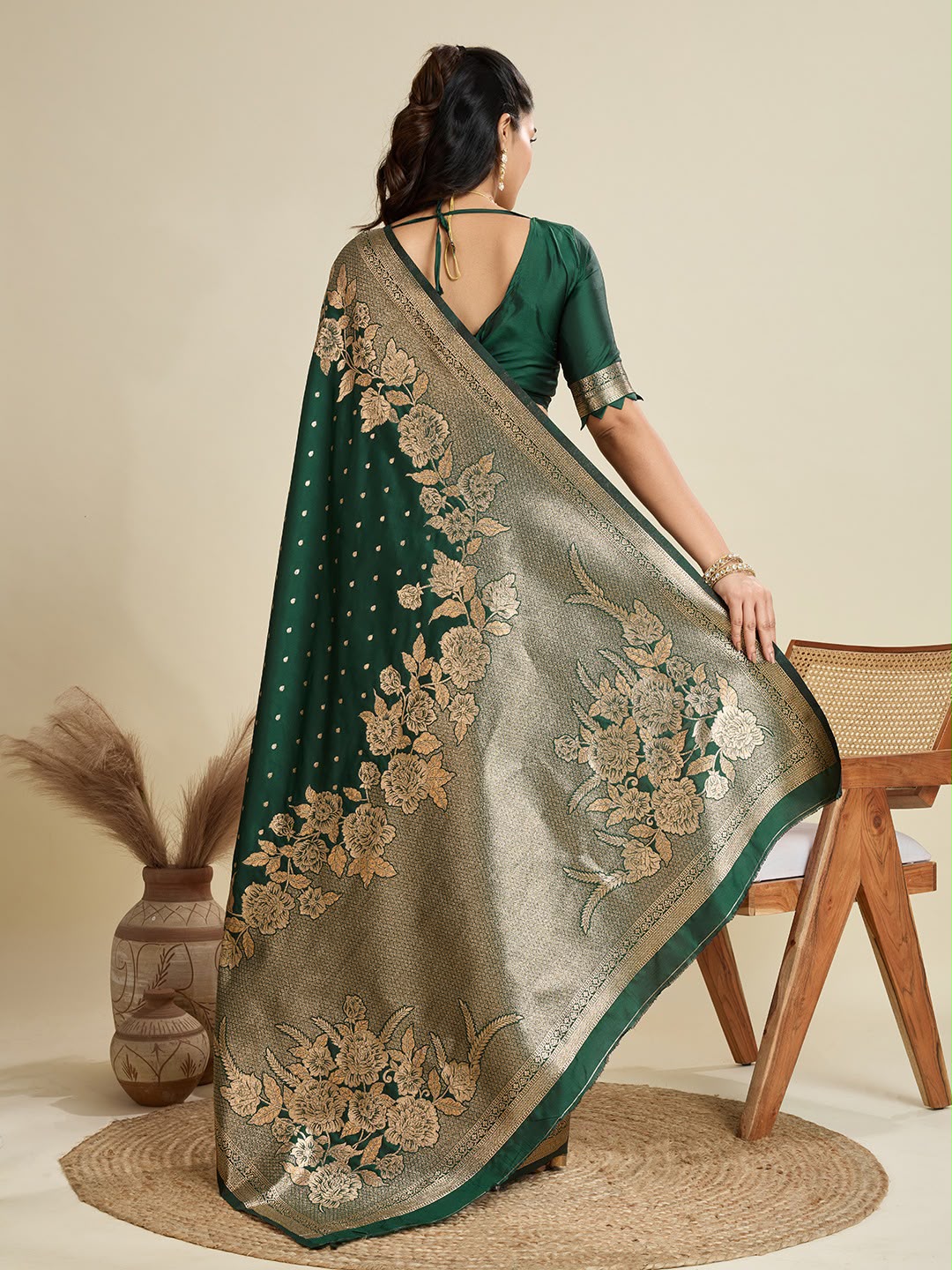 Bottle Green Kanjivaram Silk Saree - Sarees - back view | Nardev Fashions
