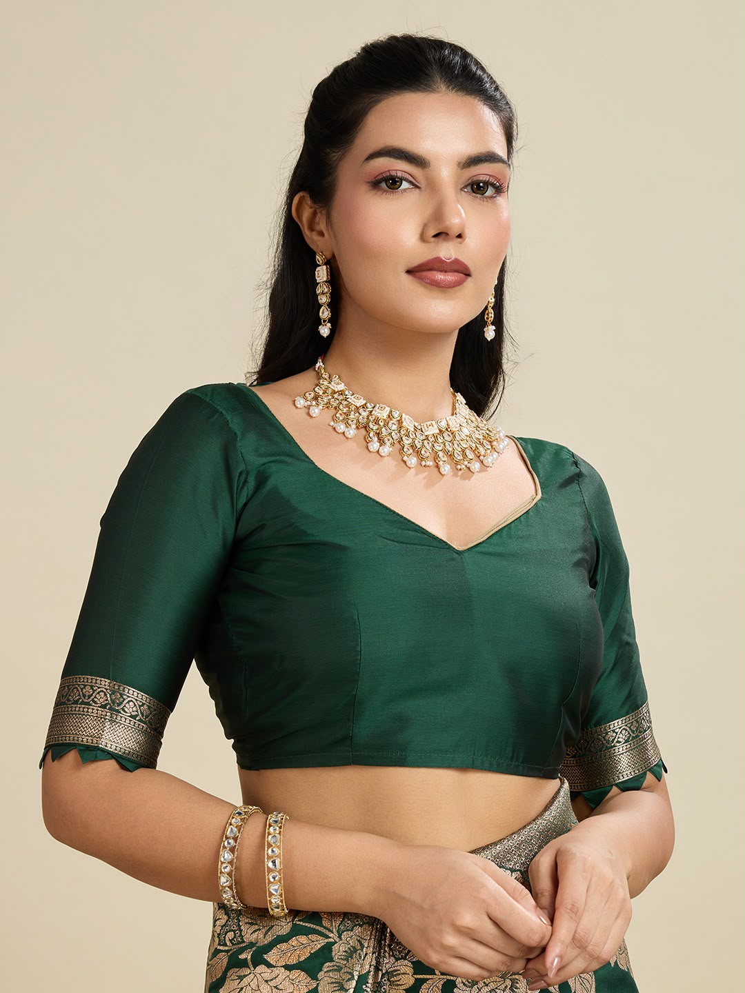 Bottle Green Kanjivaram Silk Saree - Sarees - styled full look | Nardev Fashions