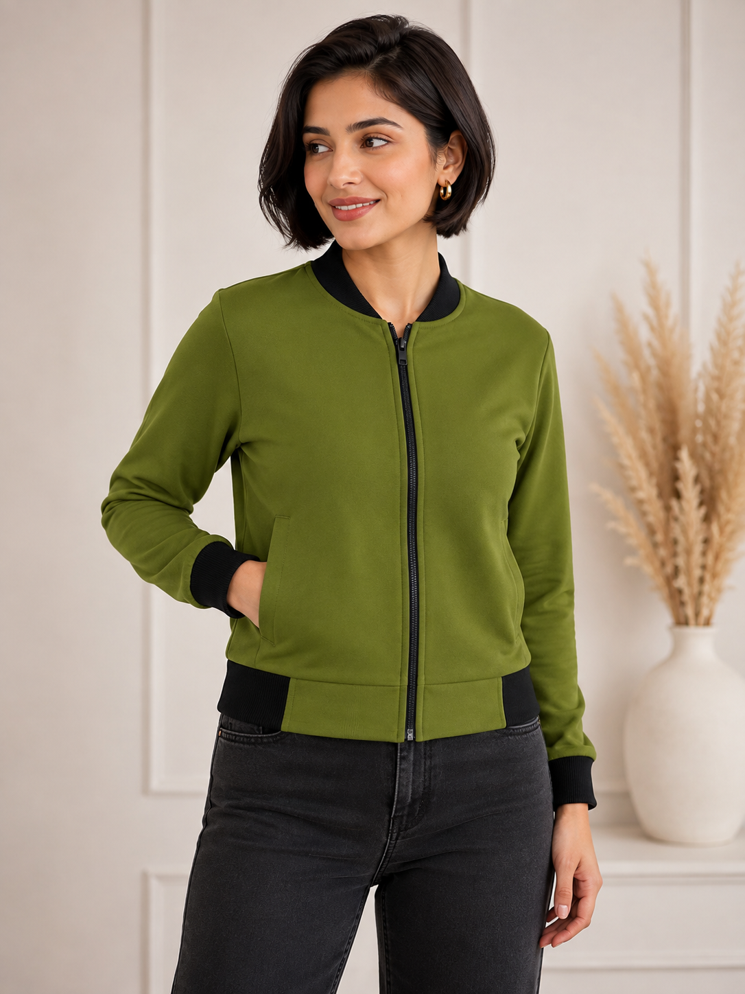 Olive Green Flight Bomber Jacket for Women - Western Wear - front view | Qikink