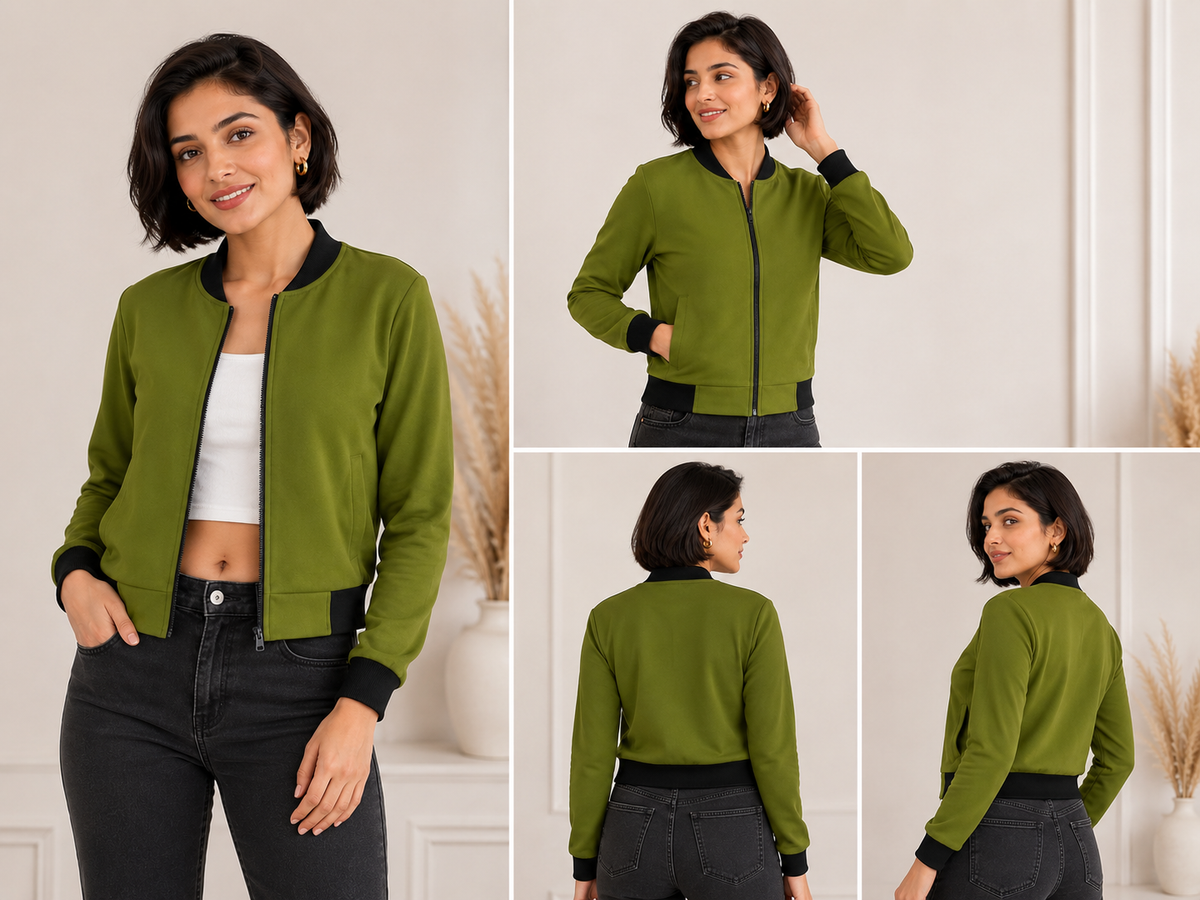 Olive Green Flight Bomber Jacket for Women - Western Wear - close-up detail view | Qikink