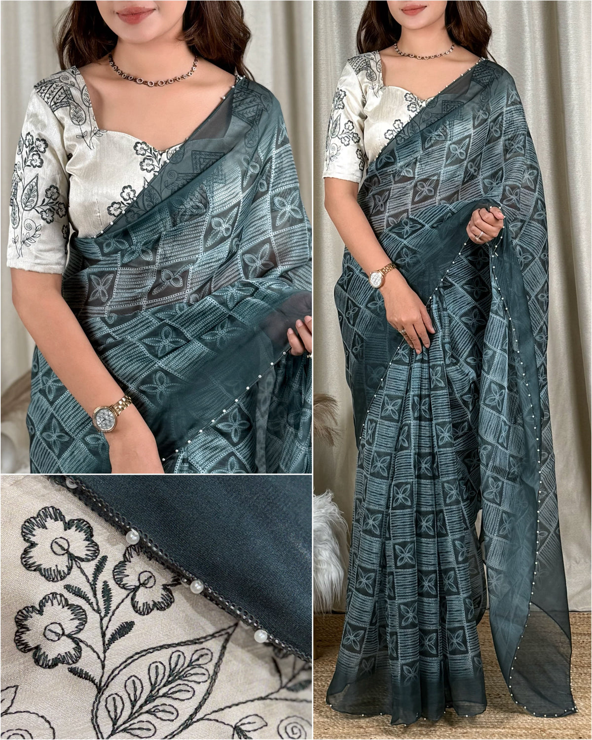 Dark Teal Dull Glass Organza Shibori Batik Print Saree - Sarees - front view | Nardev Fashions
