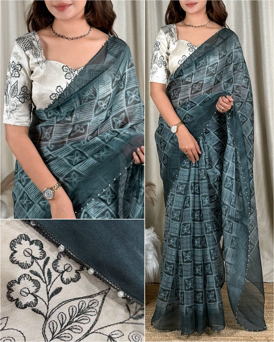 Dark Teal Dull Glass Organza Shibori Batik Print Saree - Sarees - front view | Nardev Fashions