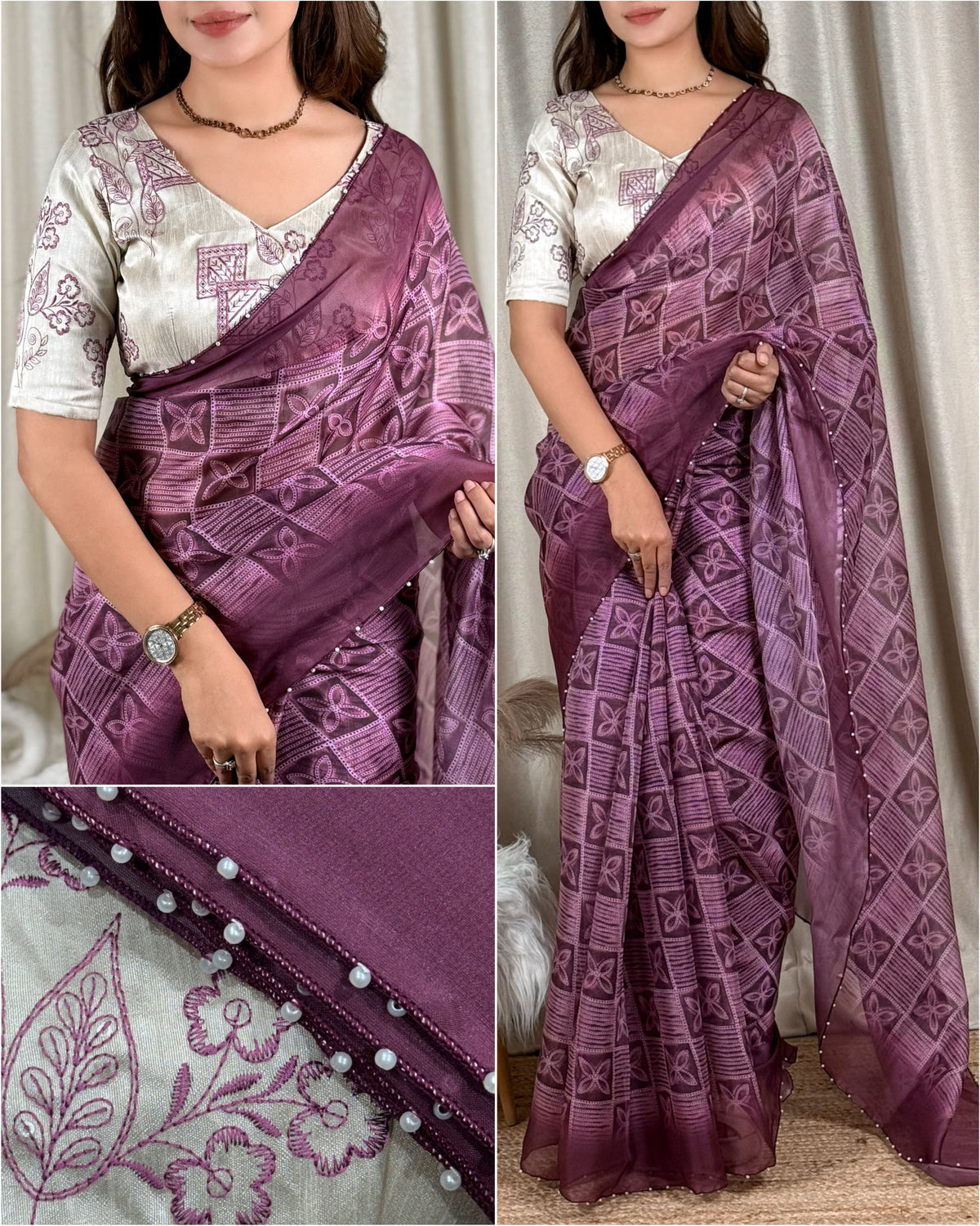 Deep Wine Plum Dull Glass Organza Shibori Batik Print Saree - Sarees - front view | Nardev Fashions