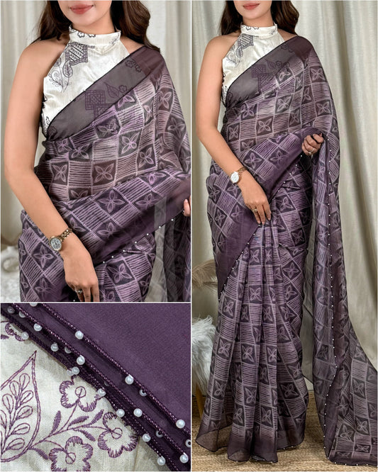Dark Aubergine Dull Glass Organza Shibori Batik Print Saree - Sarees - front view | Nardev Fashions