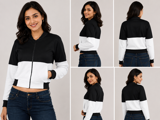 Black & White Flight Bomber Jacket for Women - Western Wear - close-up detail view | Qikink