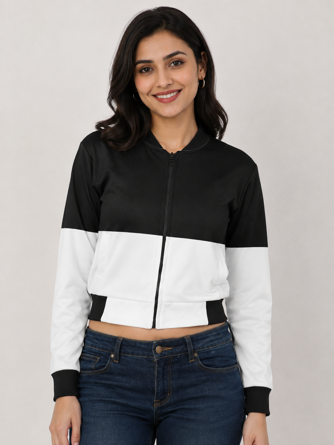 Black & White Flight Bomber Jacket for Women - Western Wear - front view | Qikink