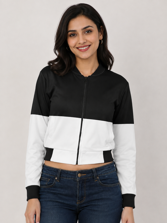Black & White Flight Bomber Jacket for Women - Western Wear - front view | Qikink