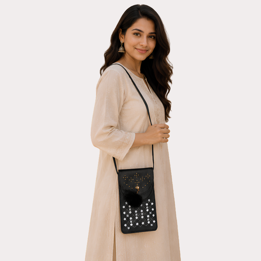 Women's Jet Black Embellished Sling Bag, Charming Jet Crossbody Purse - Apparel - front view | Snazzyway