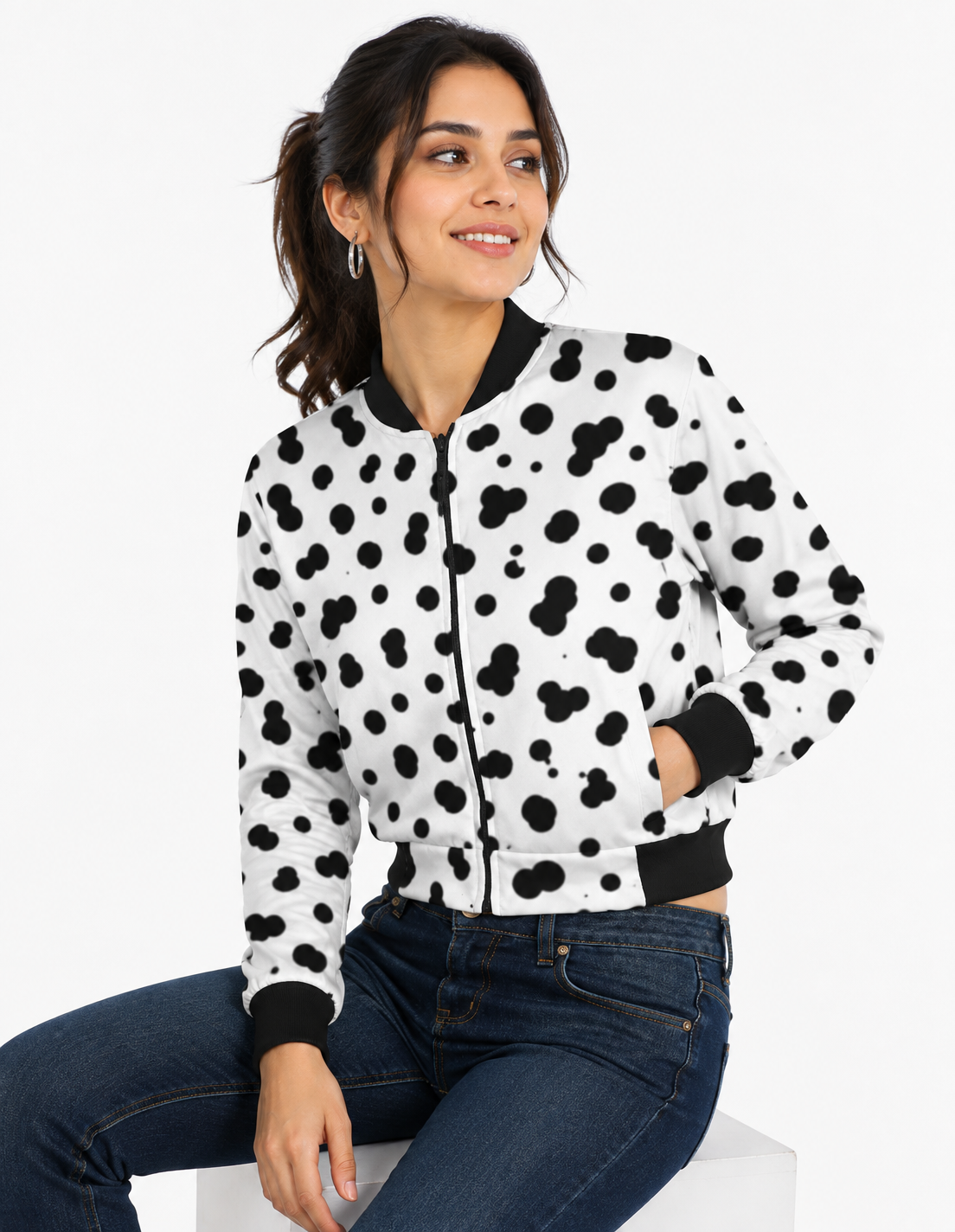 Black & White Leopard Print Bomber Jacket for Women - Western Wear - close-up detail view | Qikink
